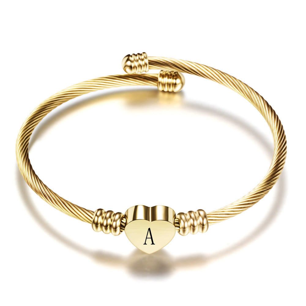 Women A-Z Initial Letter Love Heart Alphabet Name Cuff Bracelets