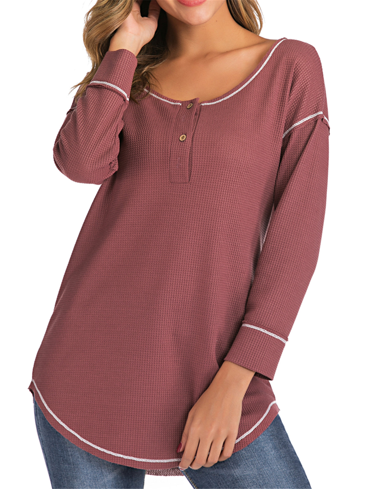 V Neck Button Loose Waffle Knit Tops