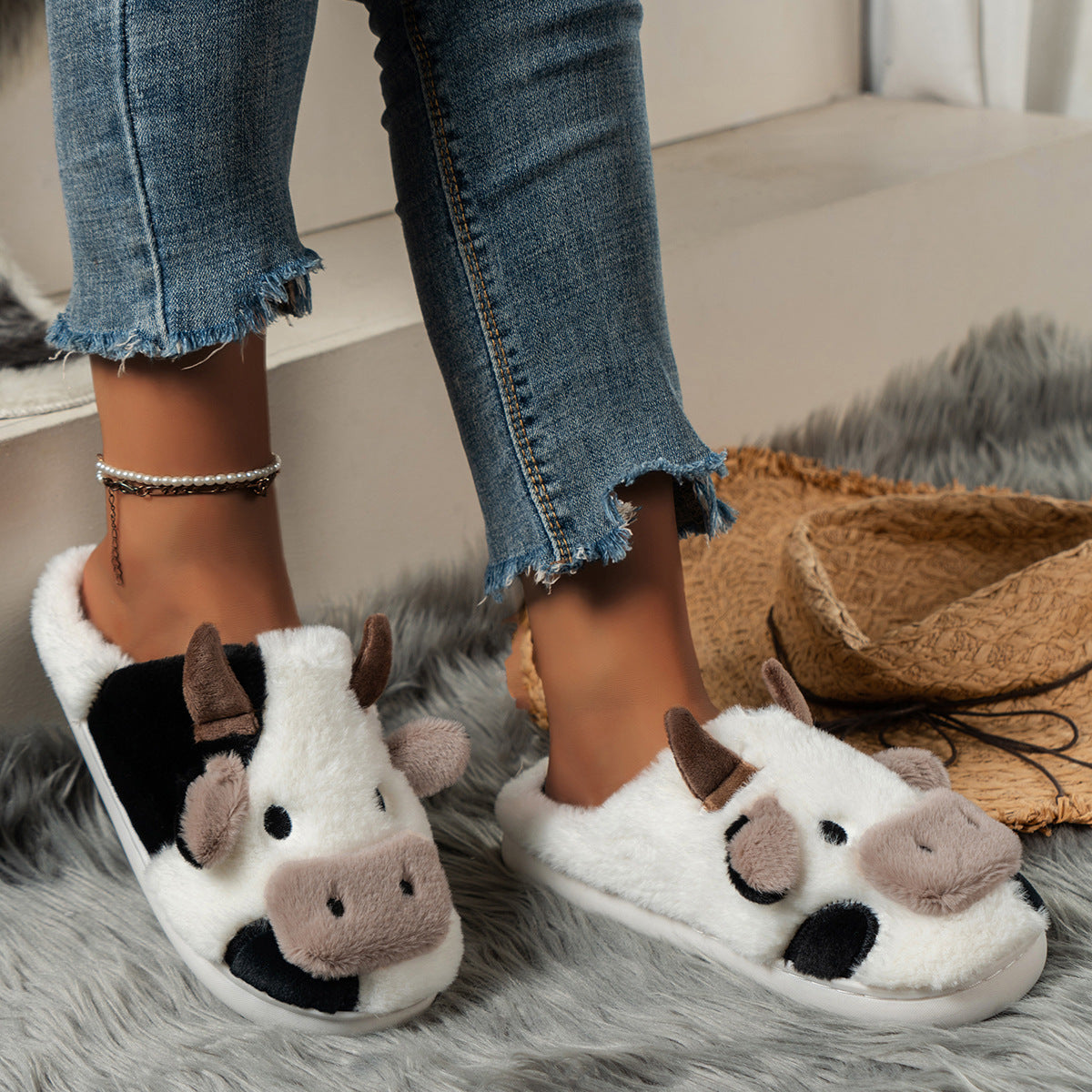 Plush Cow House Slippers