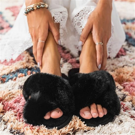 Cross Band Fuzzy Soft House Slippers