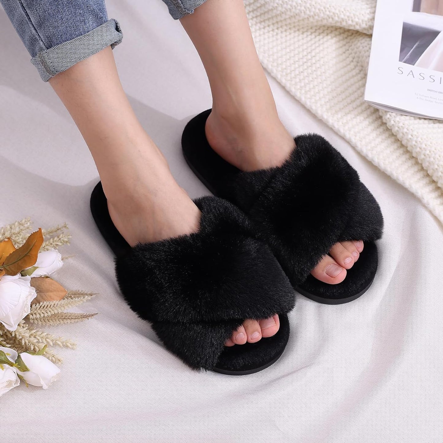 Cross Band Fuzzy Soft House Slippers