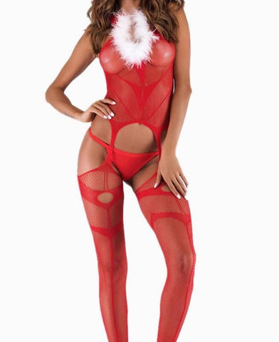 Sexy Red Christmas Mesh Bodysuit