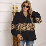Half Zip Up Warm Fuzzy Leopard Print Patchwork Fleece Pullover Tops