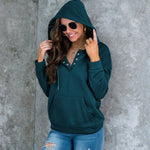 Buttons O Neck Long Sleeve Hoodie Tops with Pocket