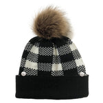 Plaid Knit Beanie-Hat with Pompom