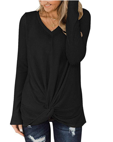 Twist Knotted V Neck Waffle Shirts Tops
