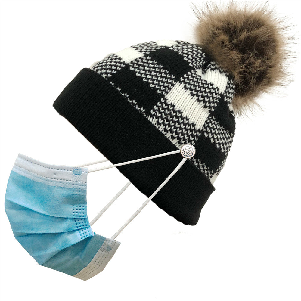 Plaid Knit Beanie-Hat with Pompom