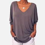 V-neck Loose Blouse 3/4 Sleeve Back Buttons Shirts