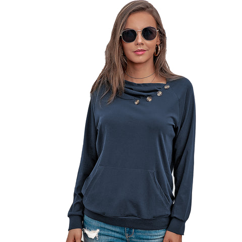 Pullover Button-Decorated Pleated Tops with Pocket