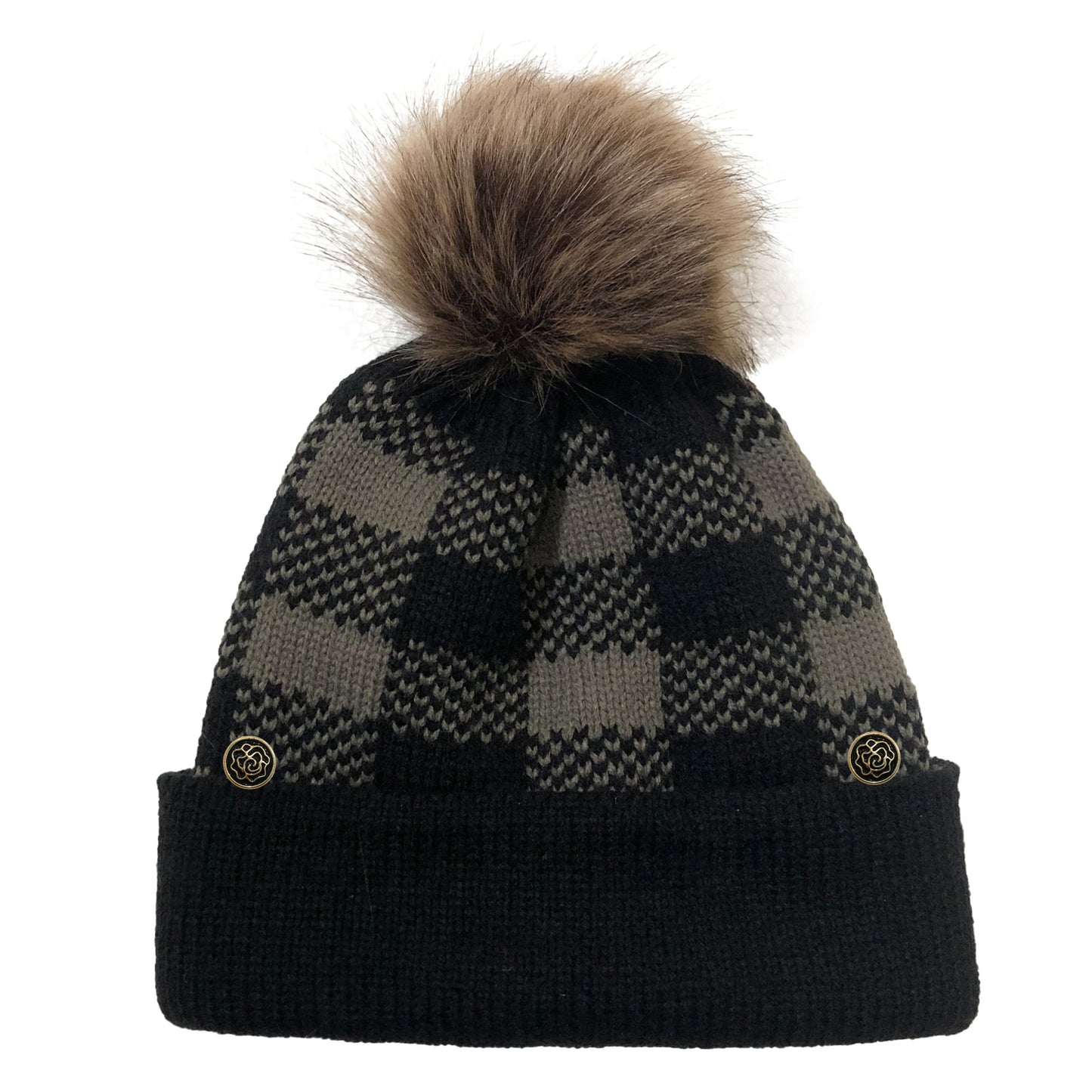 Plaid Knit Beanie-Hat with Pompom