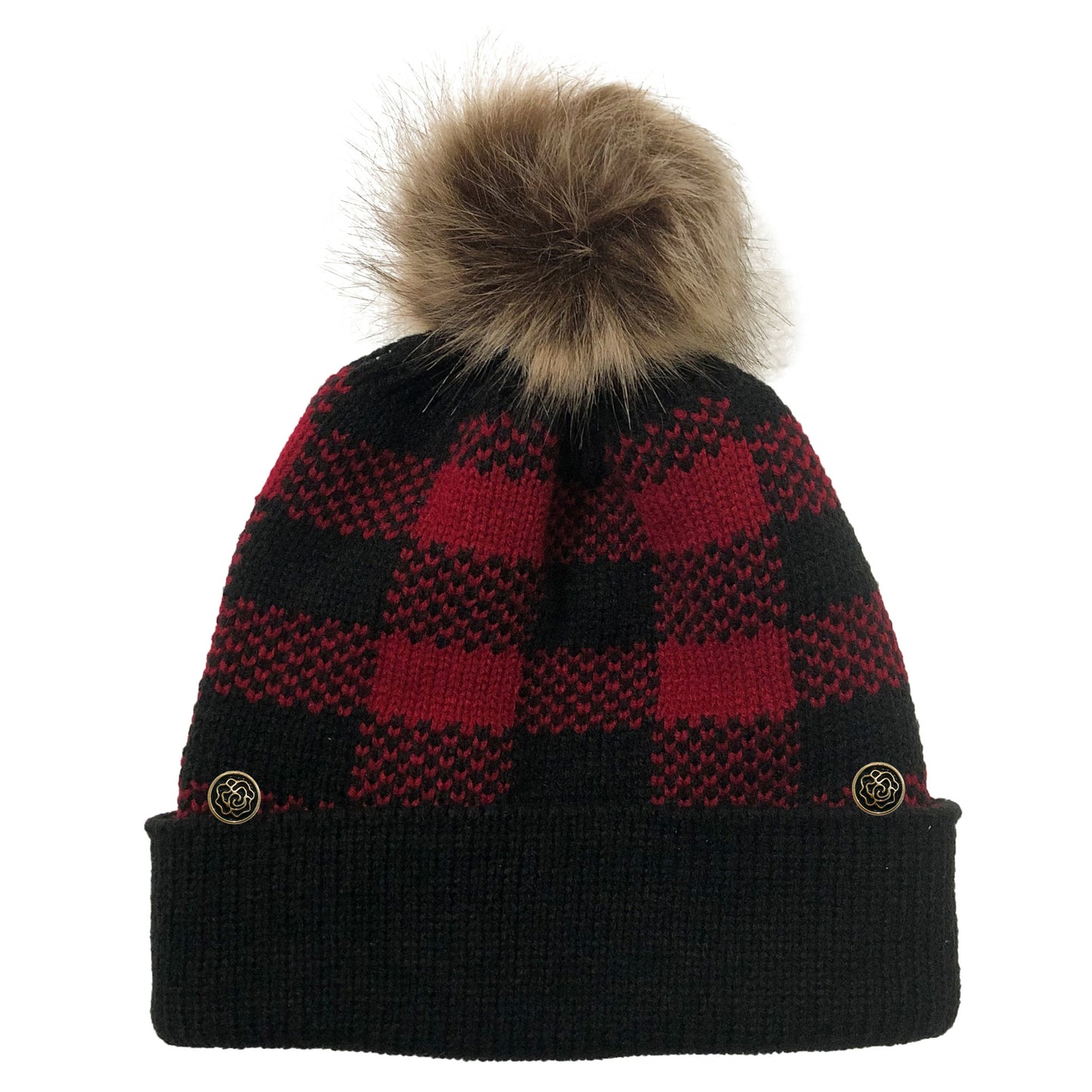 Plaid Knit Beanie-Hat with Pompom