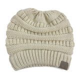 Cable Knit Messy High Bun Ponytail Beanie Hat