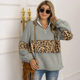 Half Zip Up Warm Fuzzy Leopard Print Patchwork Fleece Pullover Tops