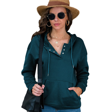 Buttons O Neck Long Sleeve Hoodie Tops with Pocket