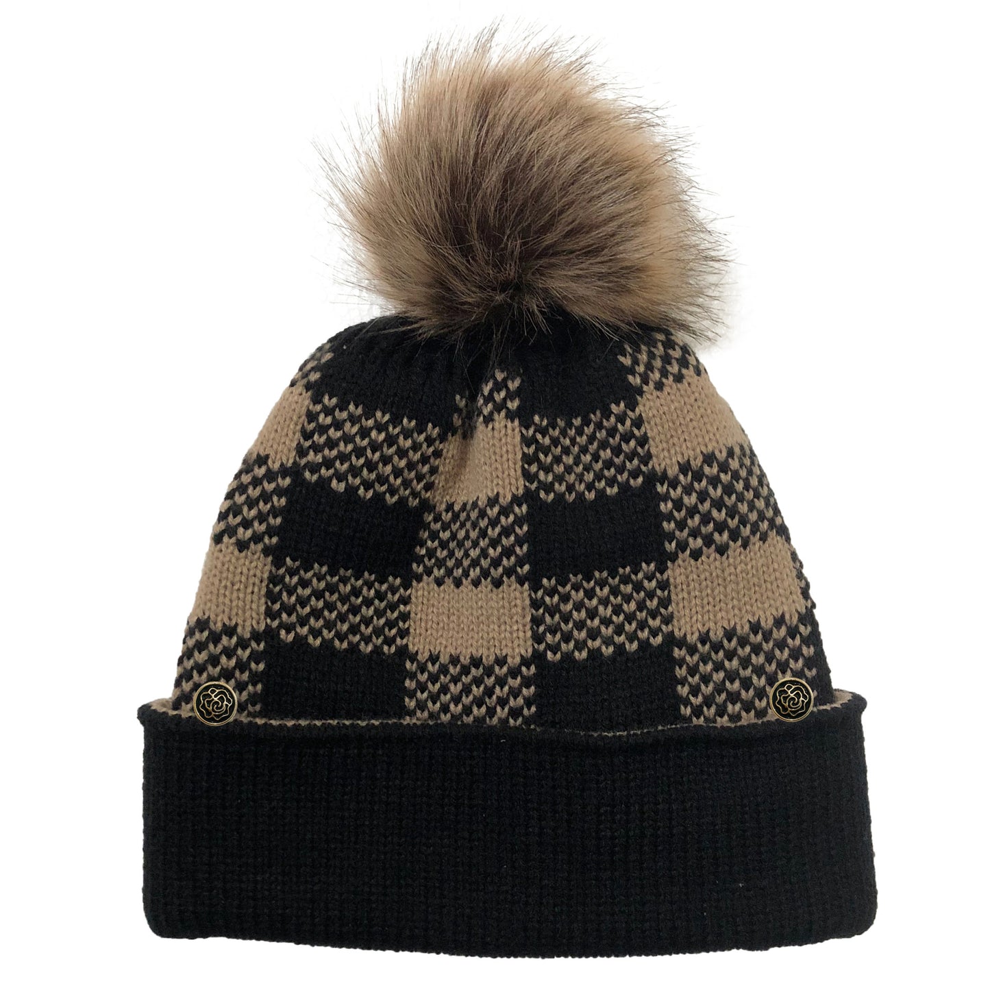 Plaid Knit Beanie-Hat with Pompom