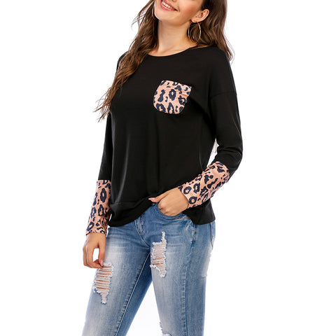 O-Neck Leopard Patchwork Tunic Tops with Pocket