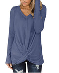 Twist Knotted V Neck Waffle Shirts Tops