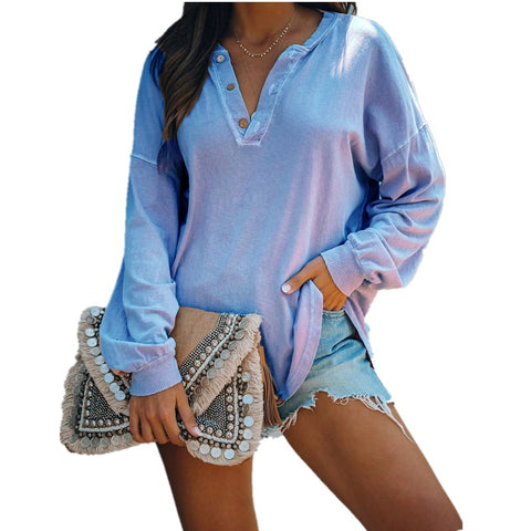 Loose V-Neck Button Up Tunic Tops