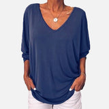 V-neck Loose Blouse 3/4 Sleeve Back Buttons Shirts