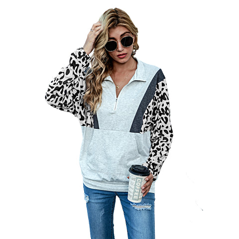 Leopard Print Half-Zip Pullover Stand Collar Sweatshirt Tops with Pockets