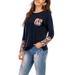 O-Neck Leopard Patchwork Tunic Tops with Pocket