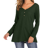 V Neck Button Solid Color Waffle Knit Tops