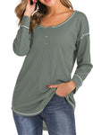 V Neck Button Loose Waffle Knit Tops
