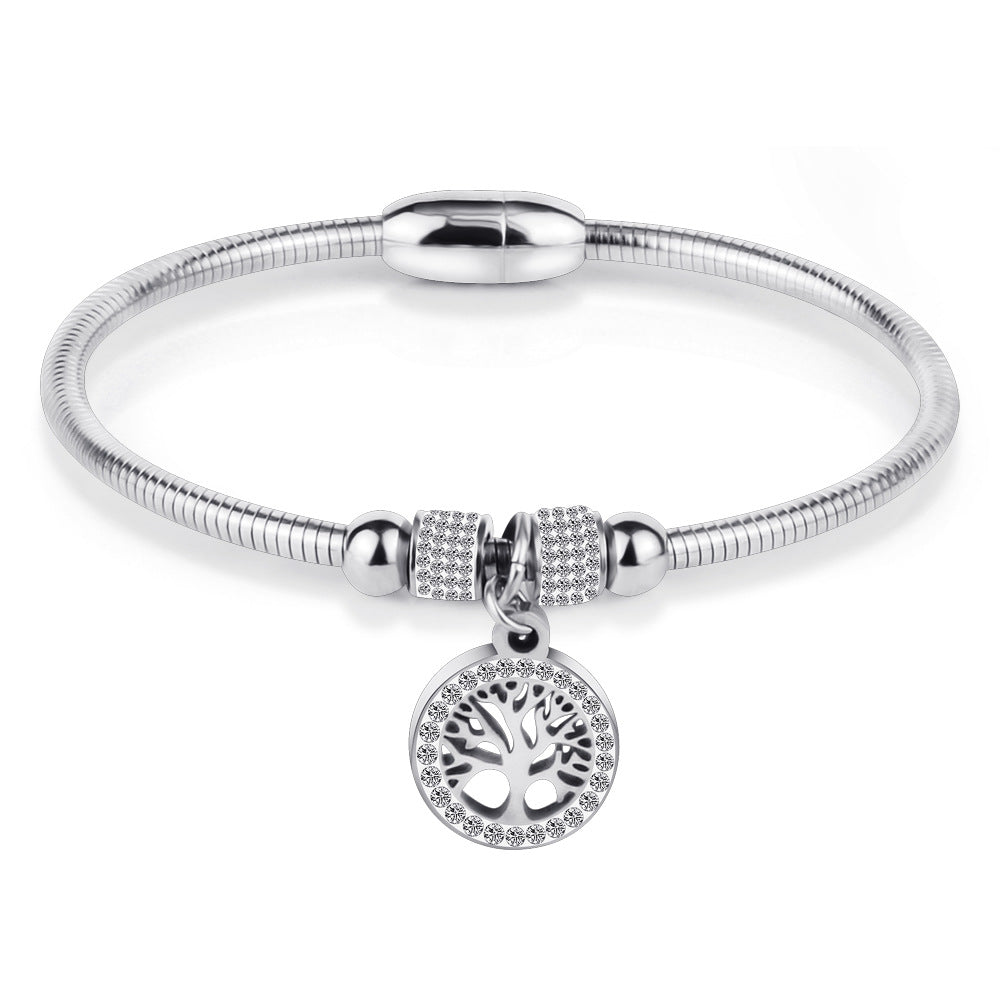 Women's Diamond-Encrusted Life Tree Titanium Steel Bracelet