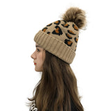 Leopard Cable Knit Beanie Hat with Pompom