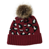 Leopard Cable Knit Beanie Hat with Pompom