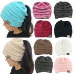 Cable Knit Messy High Bun Ponytail Beanie Hat