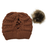 Knit Criss Cross Beanie Hat with Pom