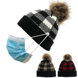 Plaid Knit Beanie-Hat with Pompom