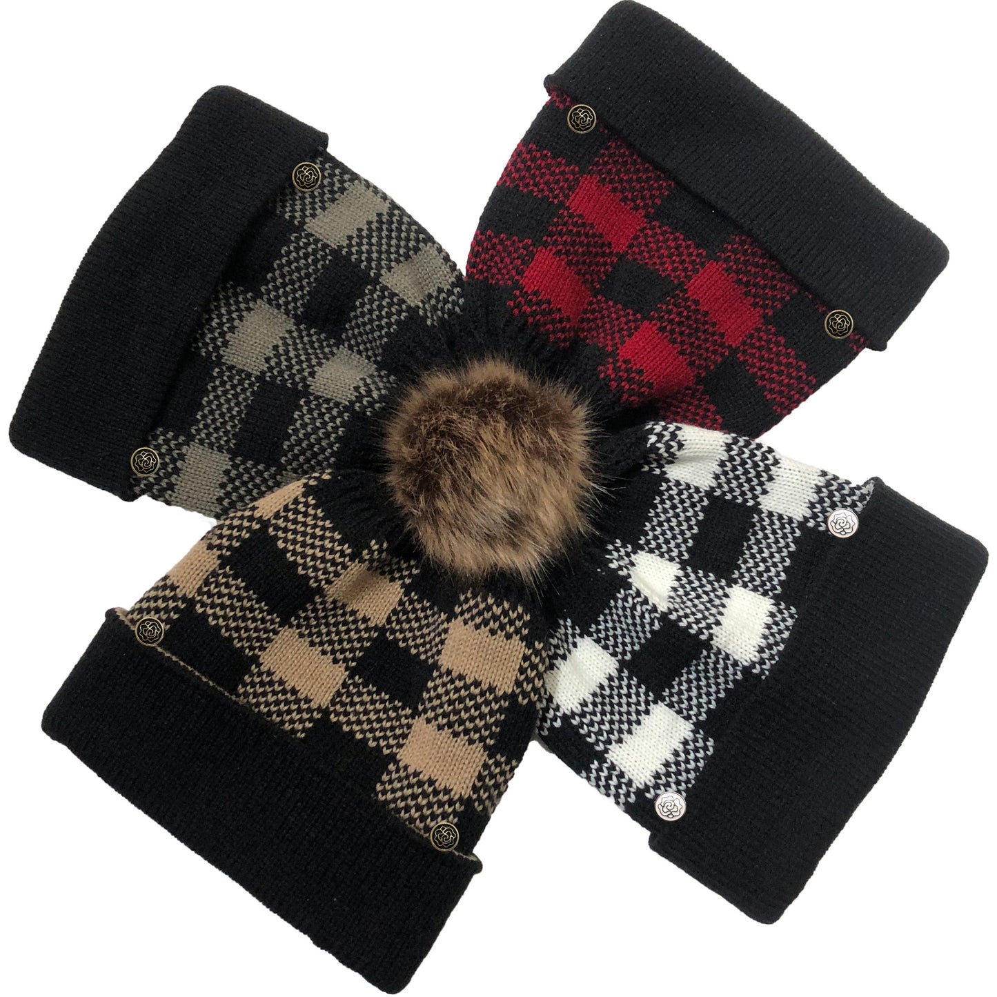 Plaid Knit Beanie-Hat with Pompom