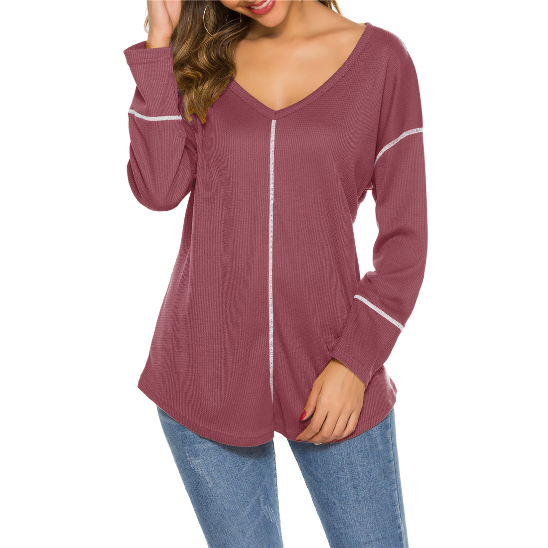 V Neck Loose Waffle Knit Tops