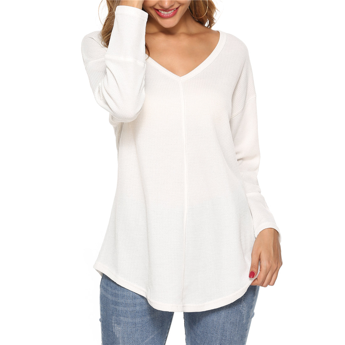 V Neck Loose Waffle Knit Tops