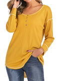 V Neck Button Loose Waffle Knit Tops