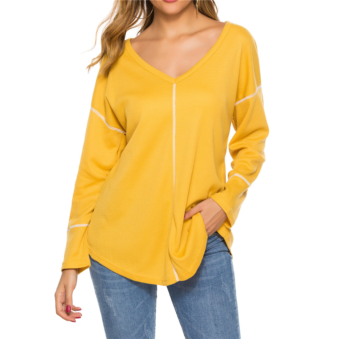 V Neck Loose Waffle Knit Tops